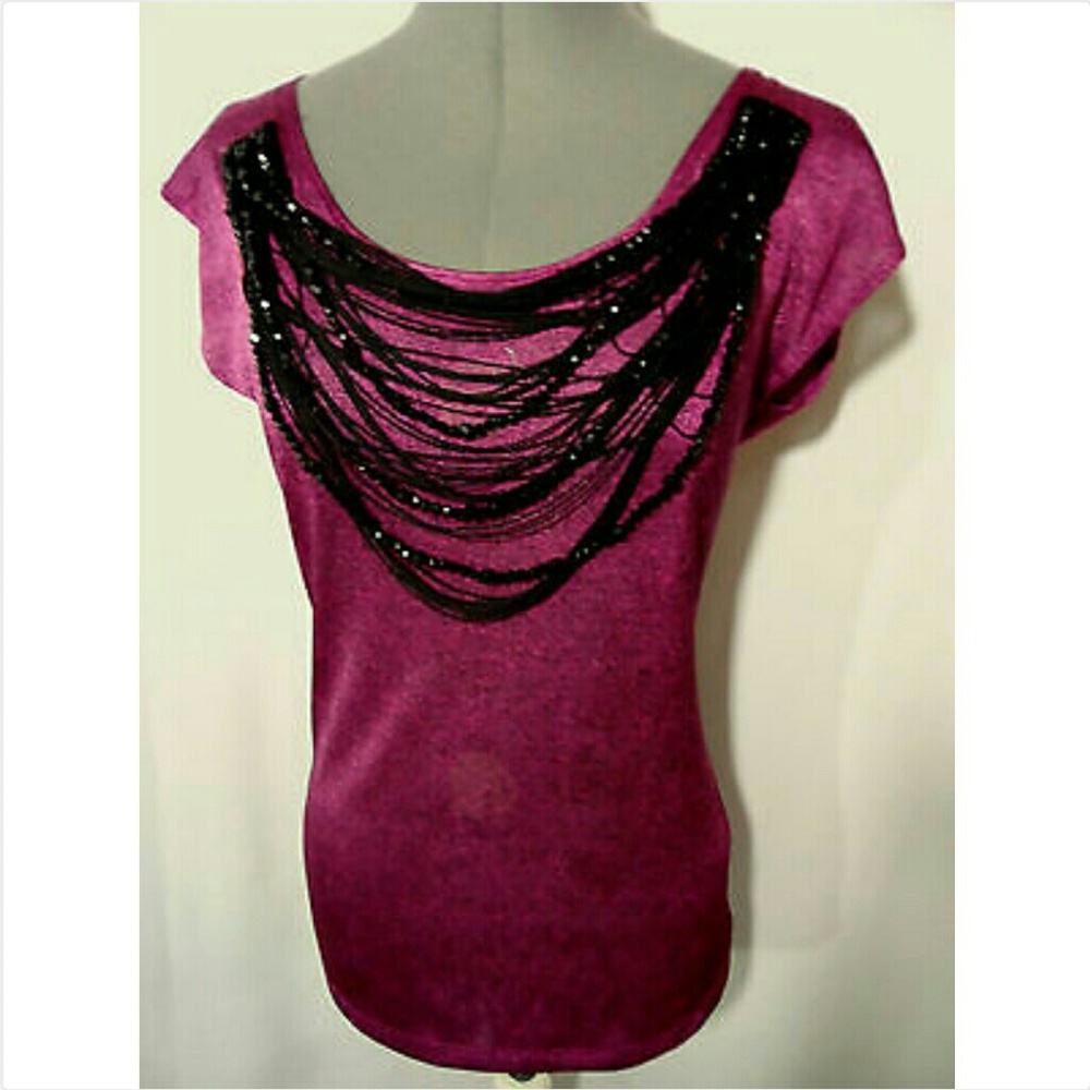 New TRIXI Fringed & Beaded Top Pink Black blouse
